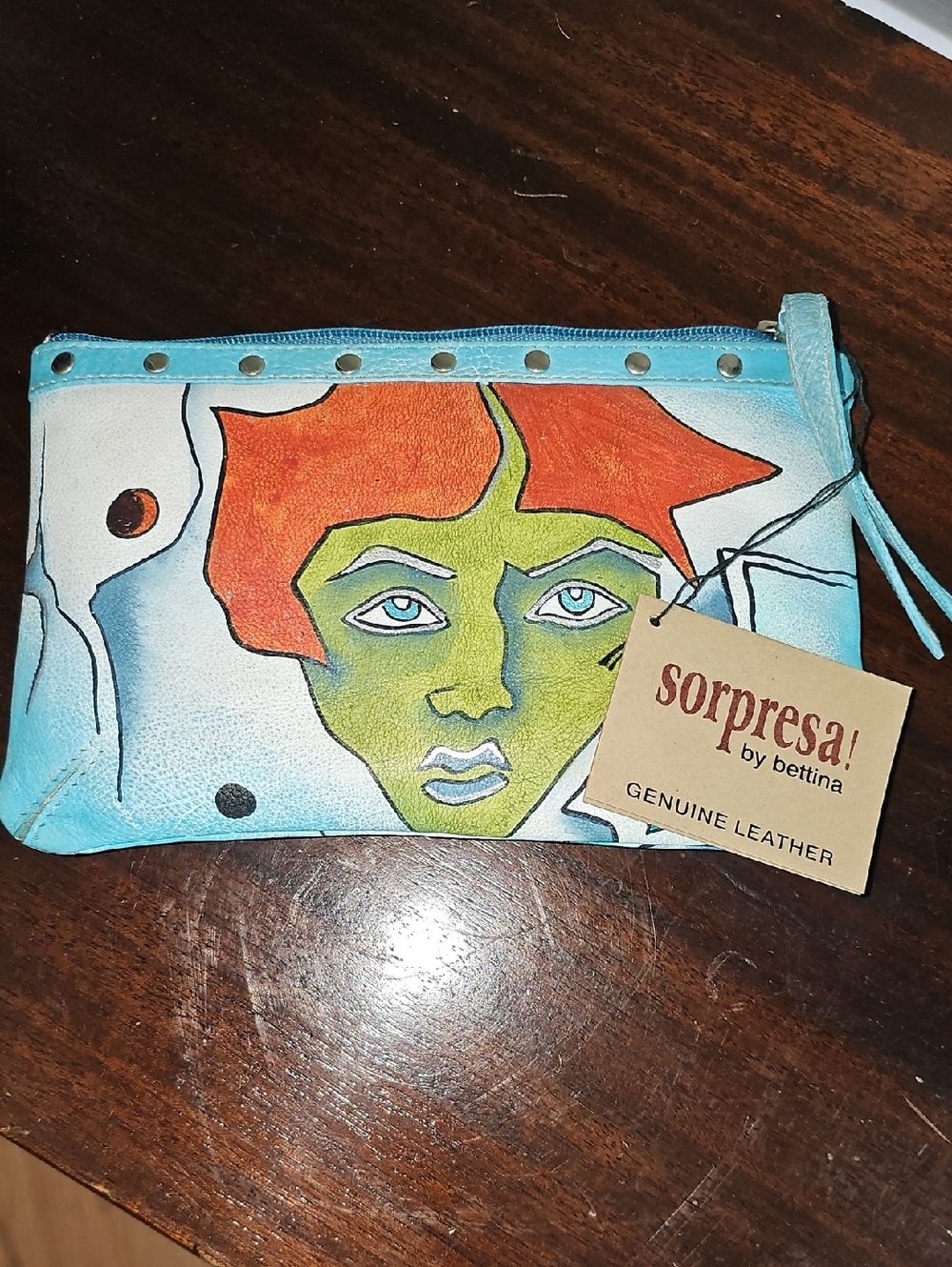 Hand-Painted Genuine Leather Clutch in Turquoise & Orange